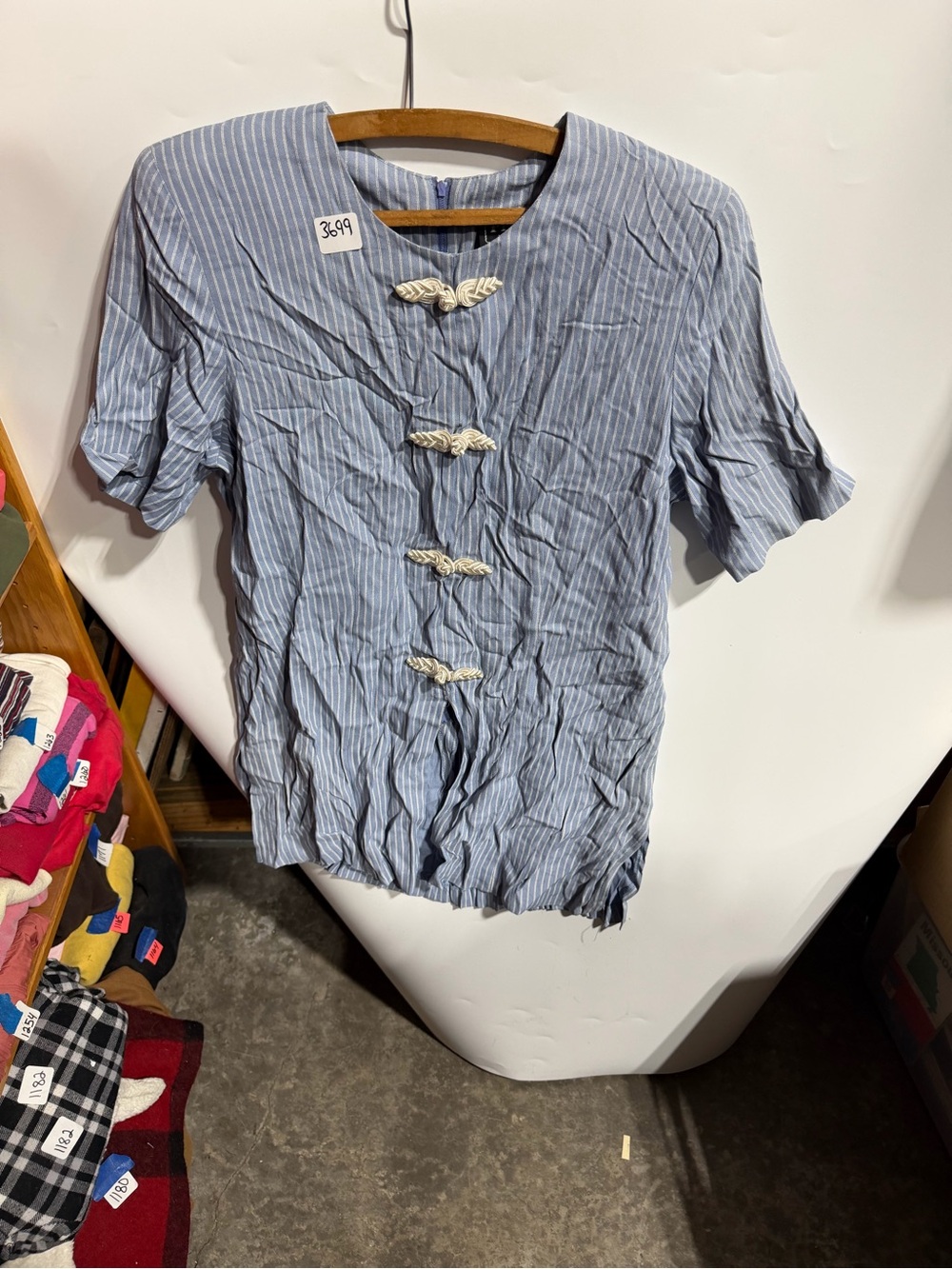 #3694-Vintage Striped Blue Mandarin-Button Blouse